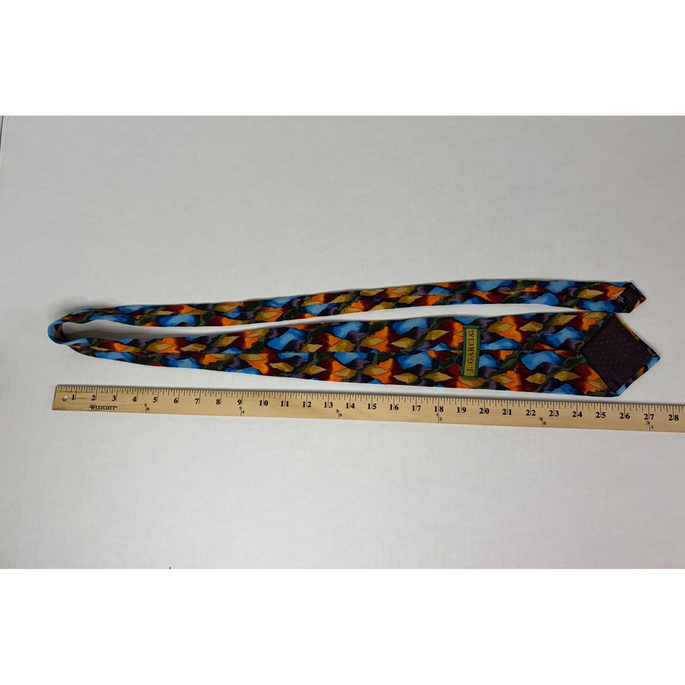 J. Garcia Mens Silk Necktie Abstract Geometric Blue Orange Purple Art Tie USA - Picture 7 of 9